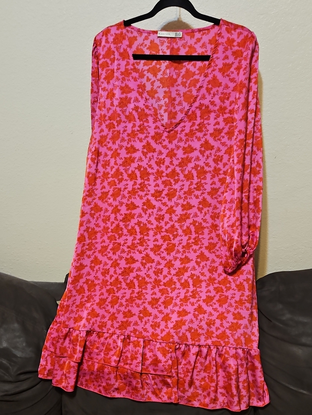Black Tape_ Pink with Red Floral Ruffle Midi Dress